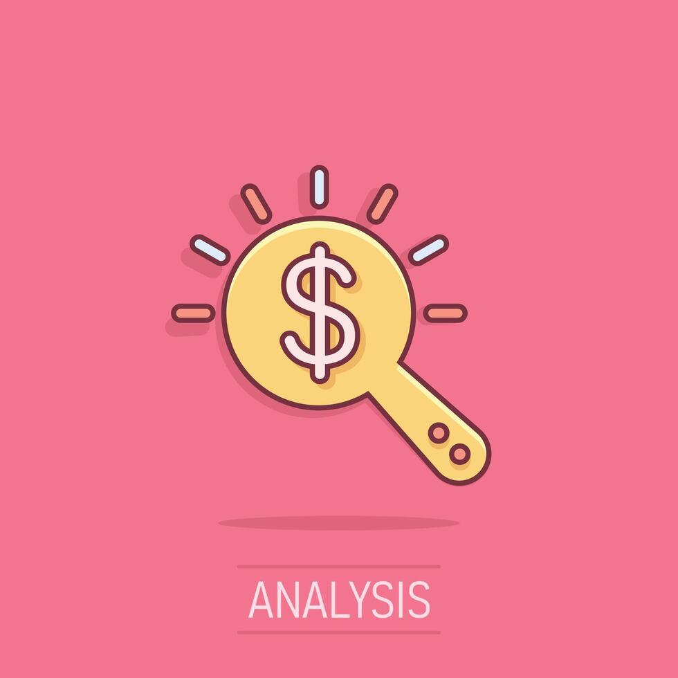 loupe verre avec argent icône dans bande dessinée style. dollar chercher dessin animé vecteur illustration sur isolé Contexte. financier devise éclaboussure effet affaires concept.