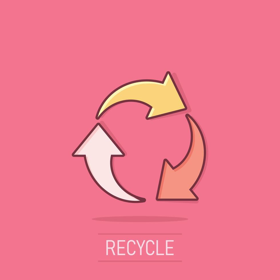 recycler icône dans bande dessinée style. réutilisation dessin animé vecteur illustration sur isolé Contexte. recyclage éclaboussure effet signe affaires concept.