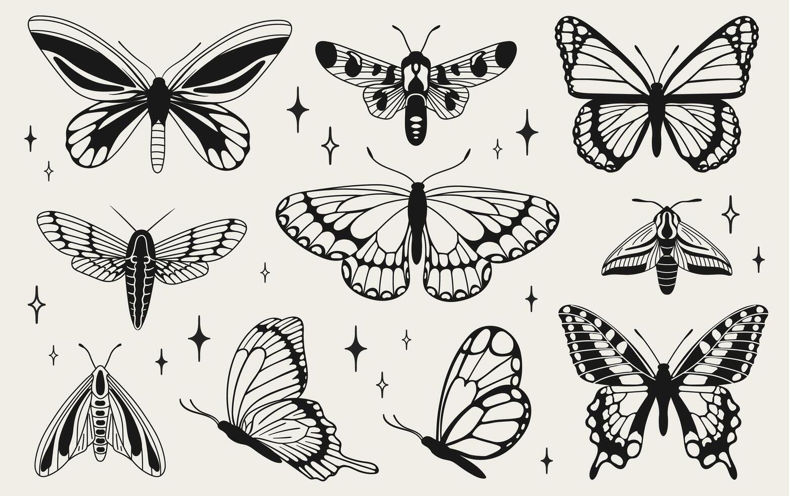 papillons et mites y2k esthétique, main dessiné. vecteur graphique dans branché rétro années 2000 style.
