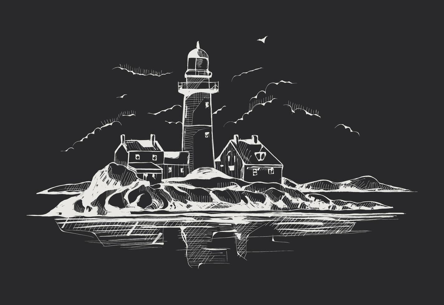 phare sur le île. main tiré vecteur illustration. isolé sur noir Contexte