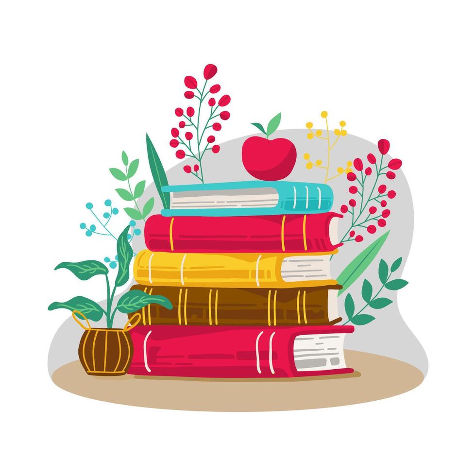 pile de livres avec feuilles et fleurs. vecteur illustration dans plat style