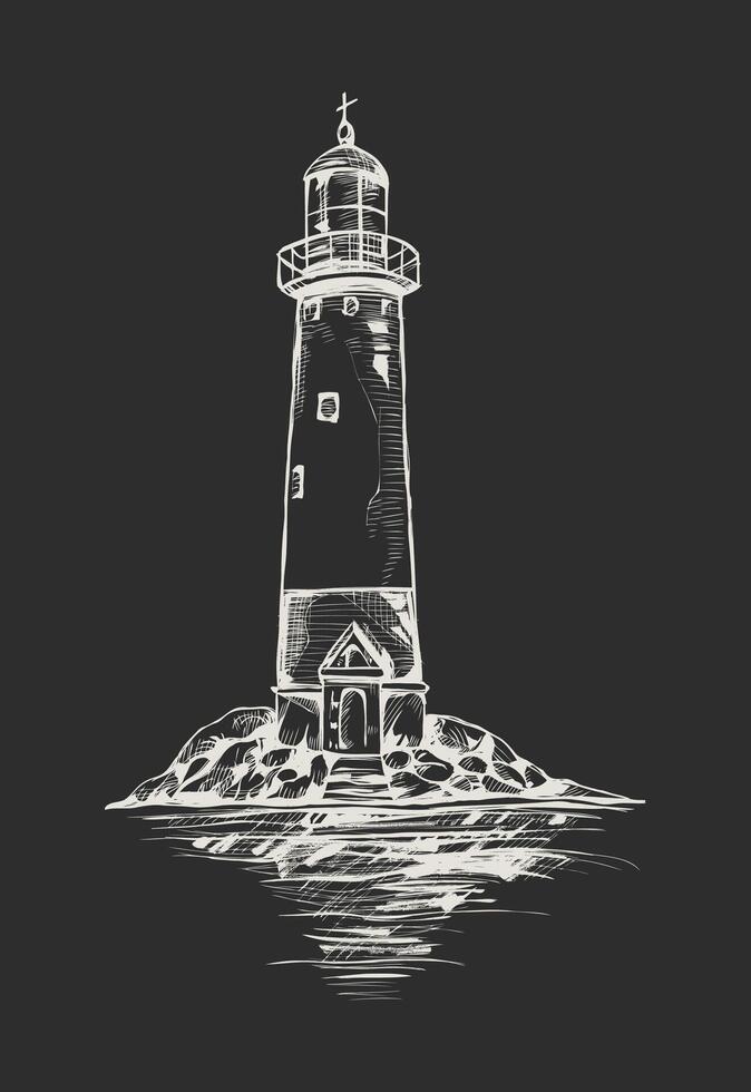 phare sur le île. main tiré vecteur illustration dans esquisser style