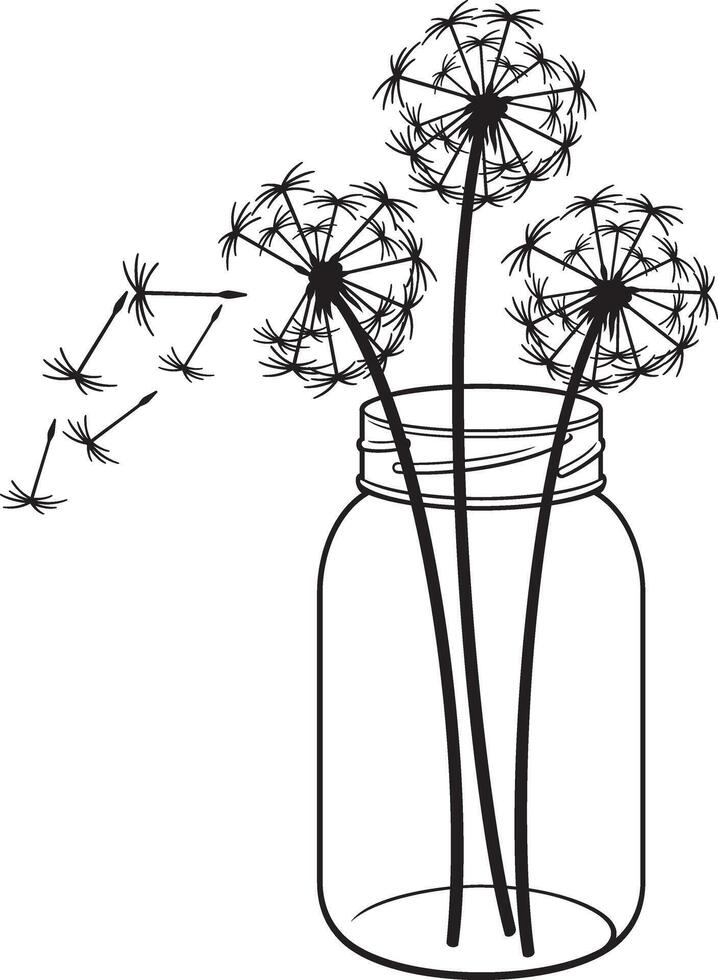 pissenlit fleurs dans une verre pot noir et blanche. vecteur illustration.