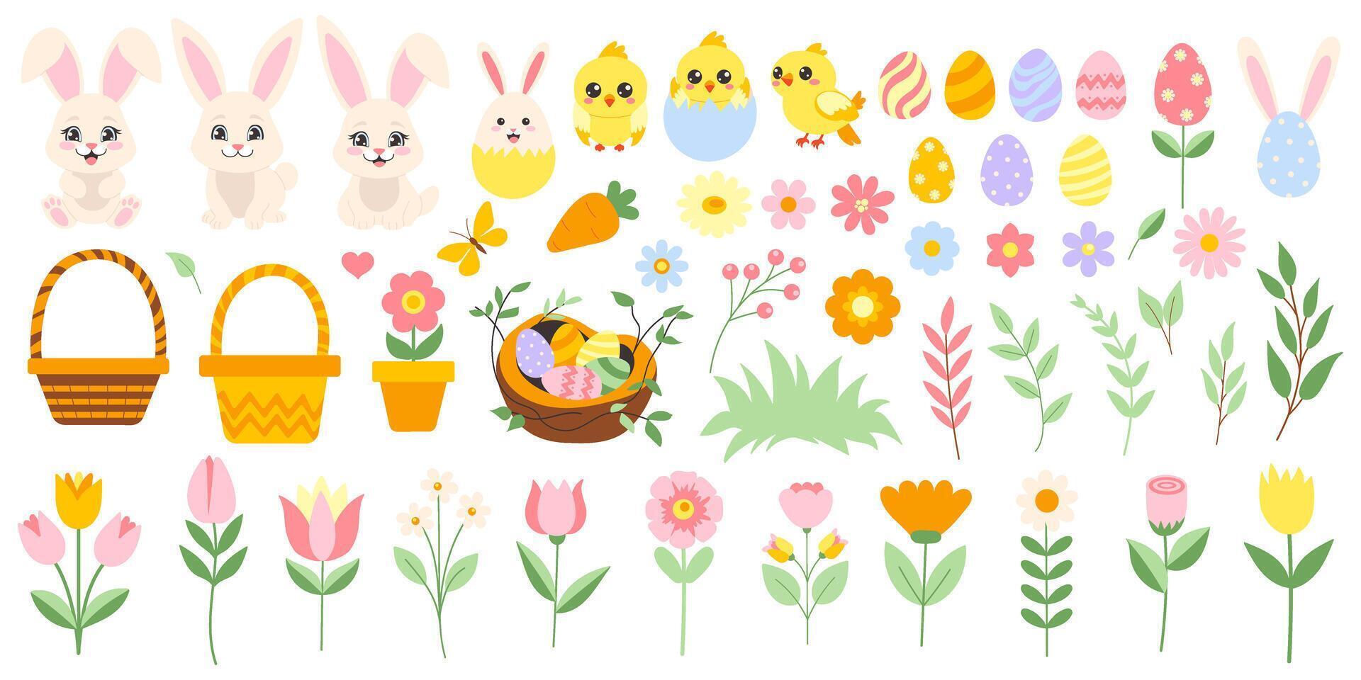 Pâques gros ensemble avec lapin, œufs, fleurs vecteur