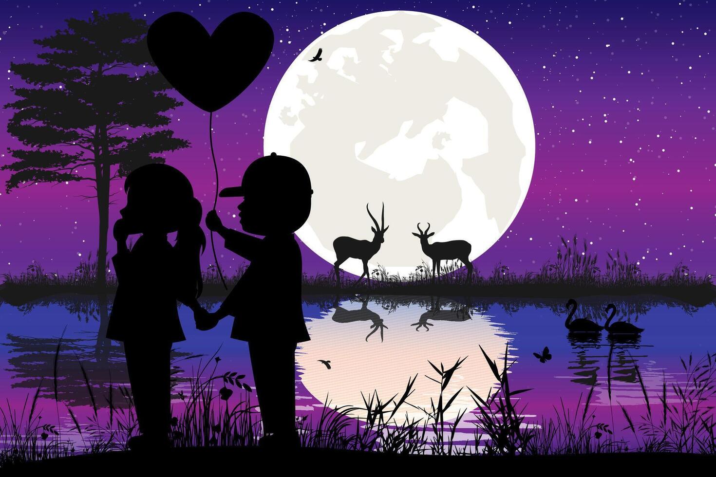 mignonne couple enfant silhouette paysage vecteur