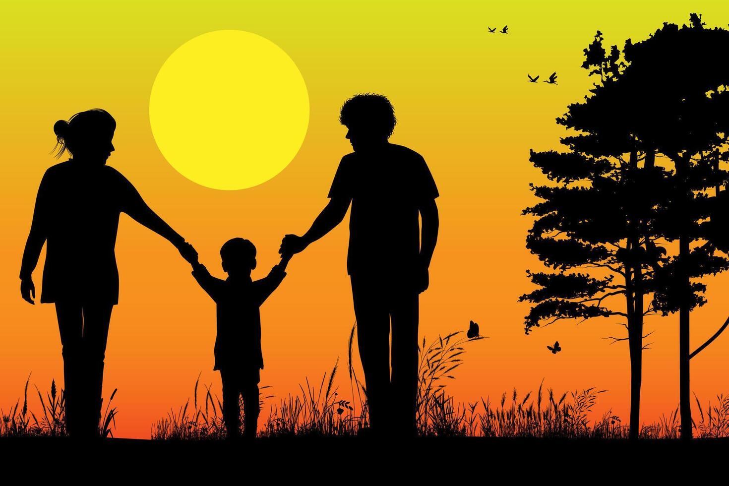 mignonne famille silhouette paysage illustration vecteur