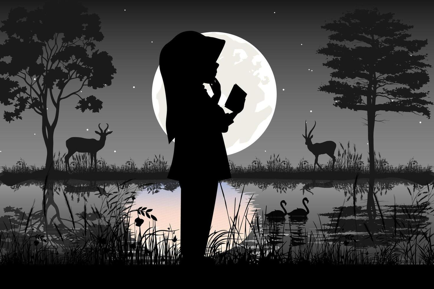 peu fille et lune silhouette paysage vecteur