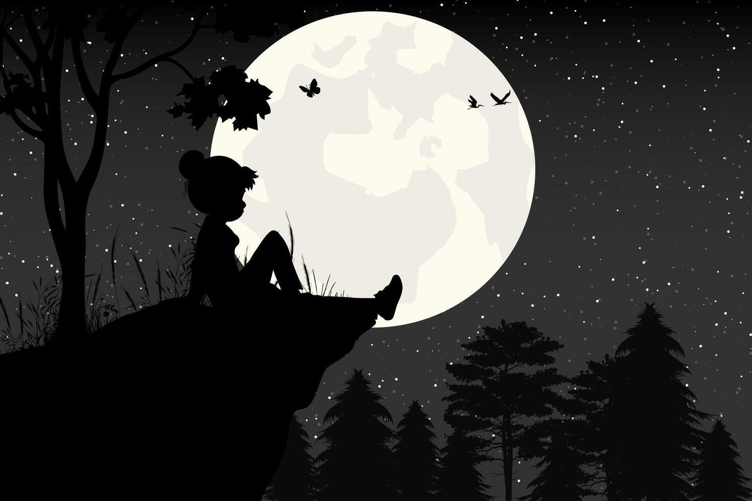 jolie fille et silhouette de lune vecteur