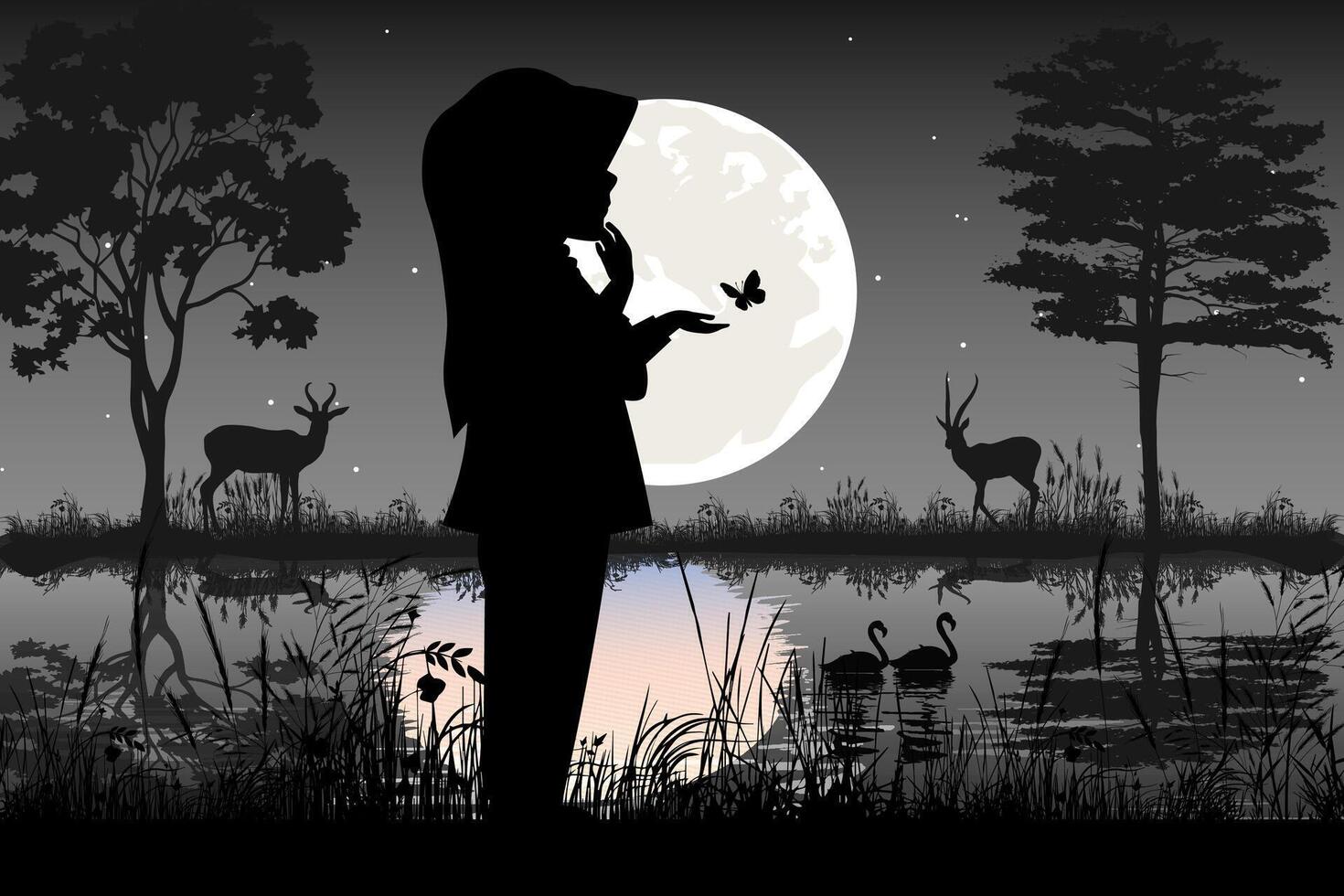 peu fille et lune silhouette paysage vecteur