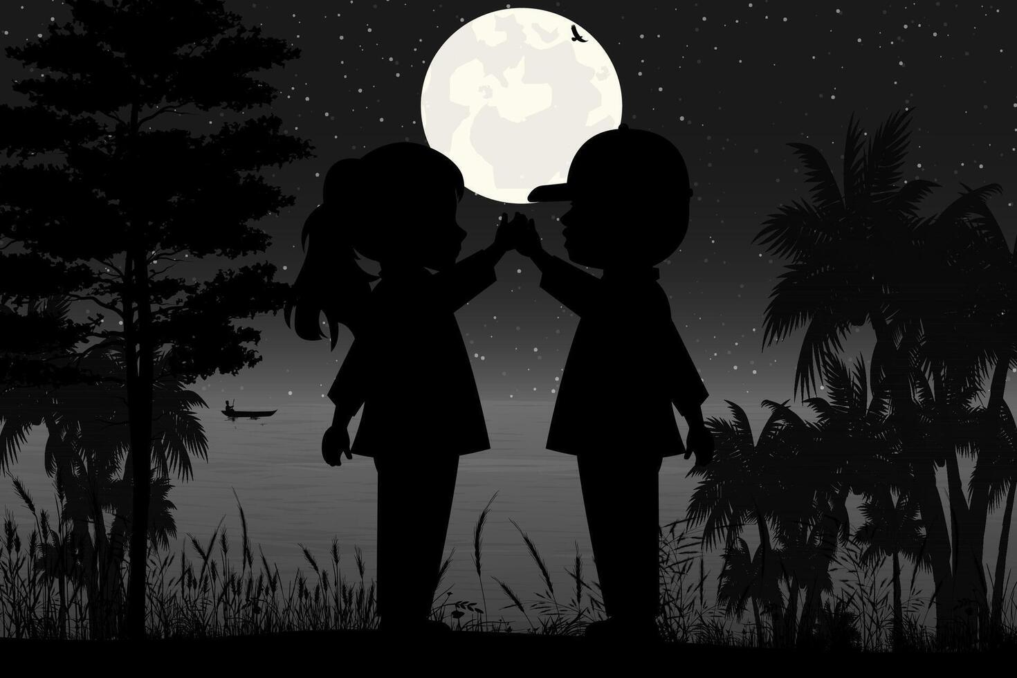 mignonne couple enfant silhouette paysage vecteur