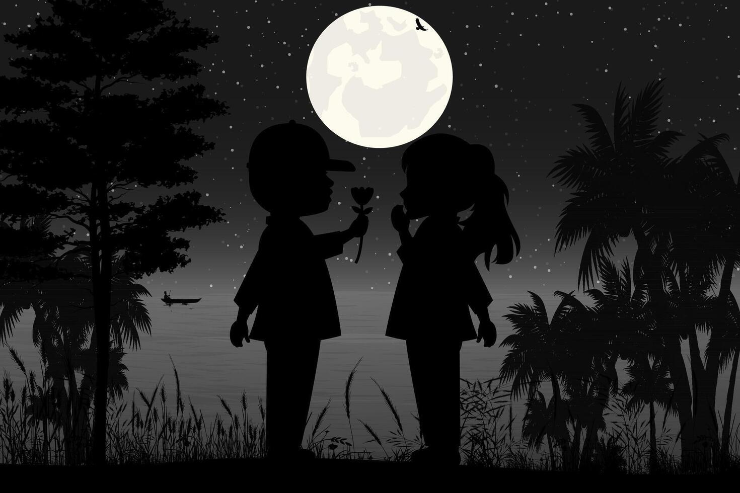 mignonne couple enfant silhouette paysage vecteur