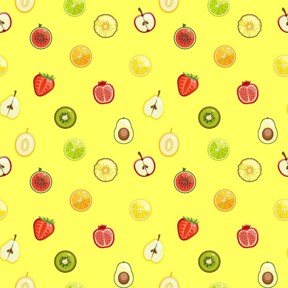 été Couleur sans couture modèle avec moitié des fruits. vecteur Jaune Contexte.