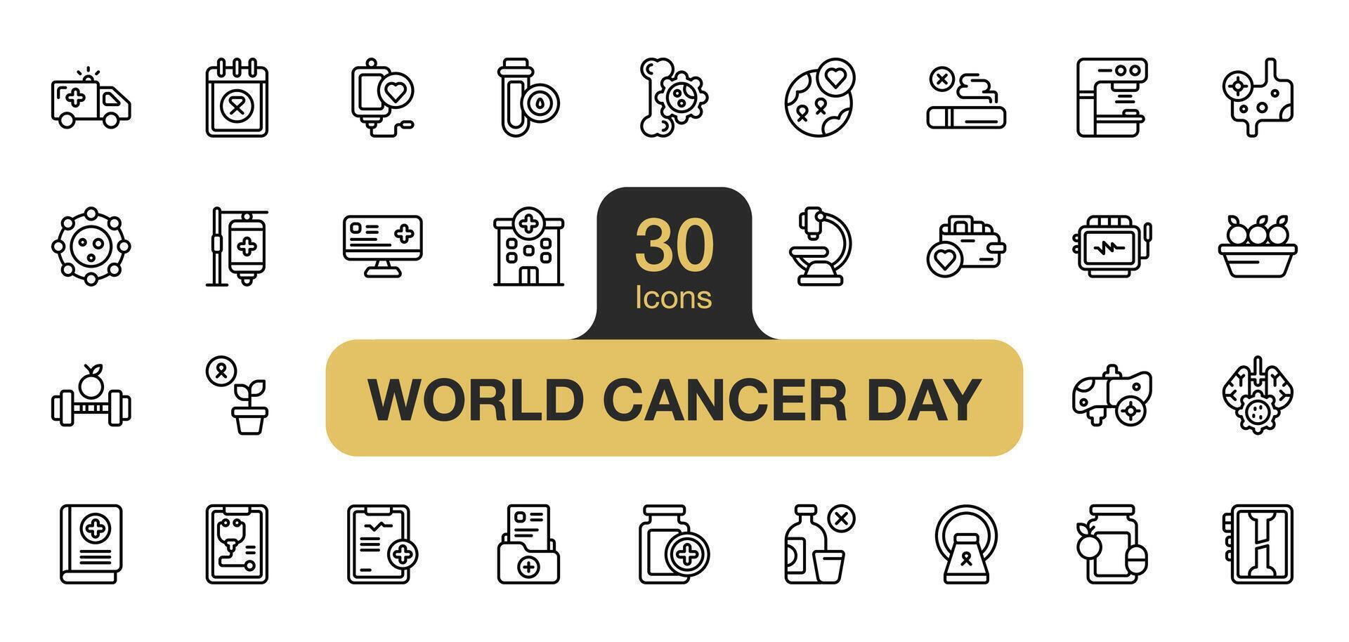 ensemble de 30 monde cancer journée icône élément ensembles. comprend médical enregistrements, cancer, vitamines, non en buvant, médical vérifier, et plus. contour Icônes vecteur collection.
