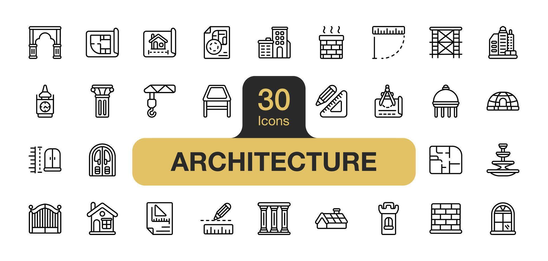 ensemble de 30 architecture icône élément ensemble. comprend loger, bâtiment, dôme, mur, plan, la tour, et plus. contour Icônes vecteur collection.