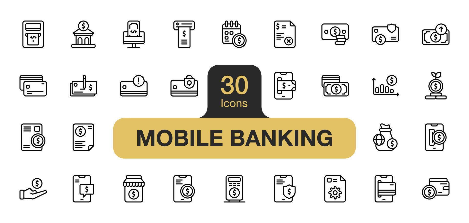 ensemble de 30 mobile bancaire icône élément ensembles. comprend facture, histogramme, calendrier, paramètre, carte paiement, vérifier, et plus. contour Icônes vecteur collection.