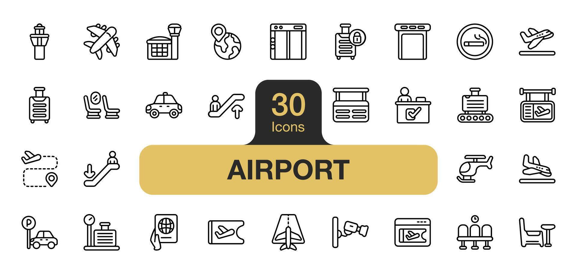ensemble de 30 aéroport icône élément ensemble. comprend avion, voiture, escalier mécanique, cabine, passeport, atterrissage, et plus. contour Icônes vecteur collection.