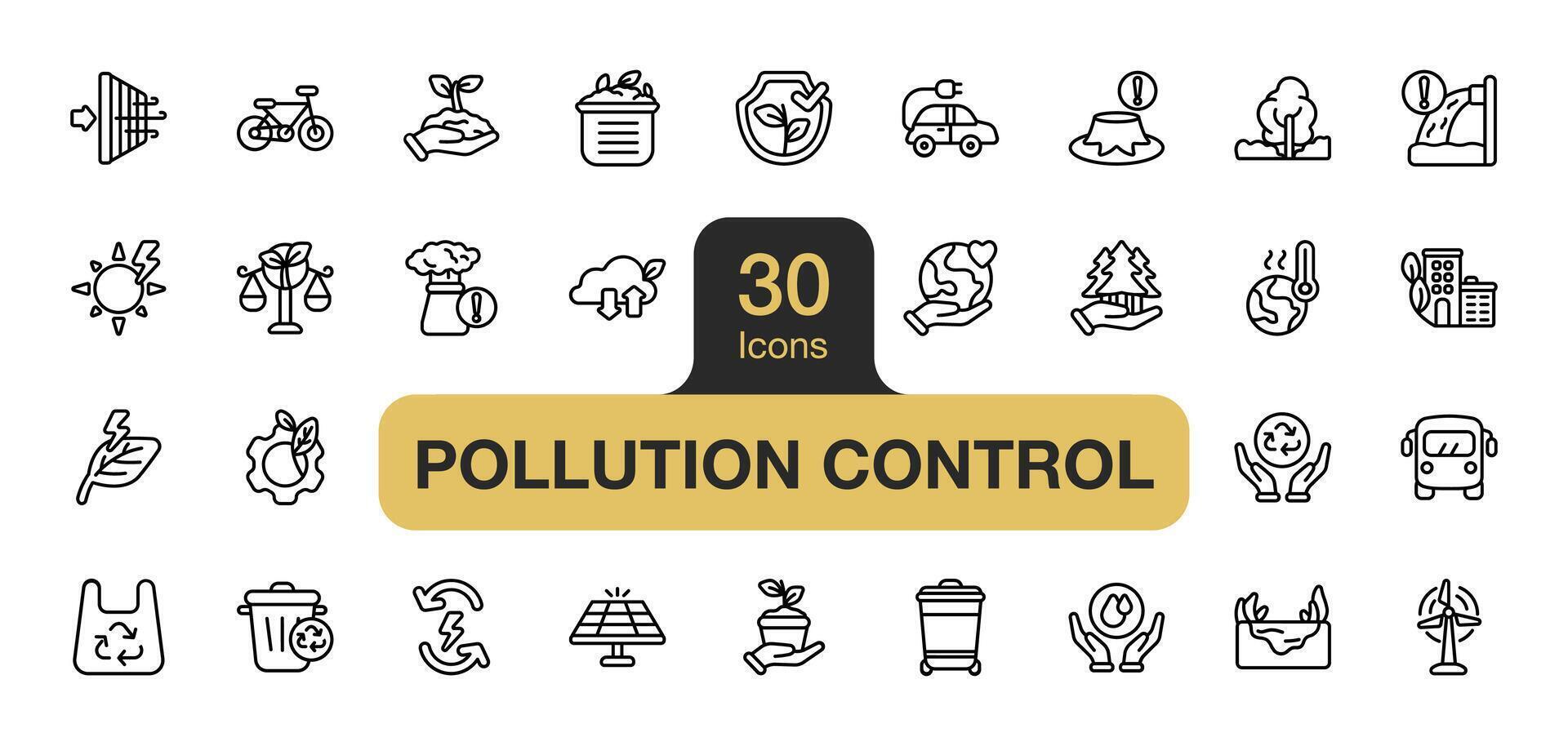 ensemble de 30 la pollution contrôle icône élément ensembles. comprend renouvelable énergie, solaire panneau, vent turbine, électrique voiture, vélo, Publique transport, et plus. contour Icônes vecteur collection.