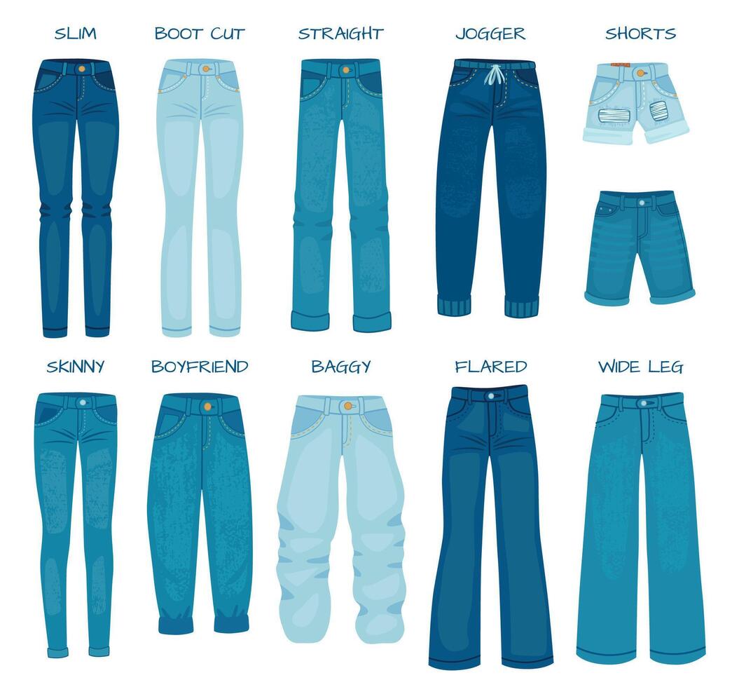 femmes jeans s'adapte. denim femelle un pantalon des modèles maigre, droit, maigrir, copain et démarrage couper. silhouette modes de jean pantalon vecteur ensemble