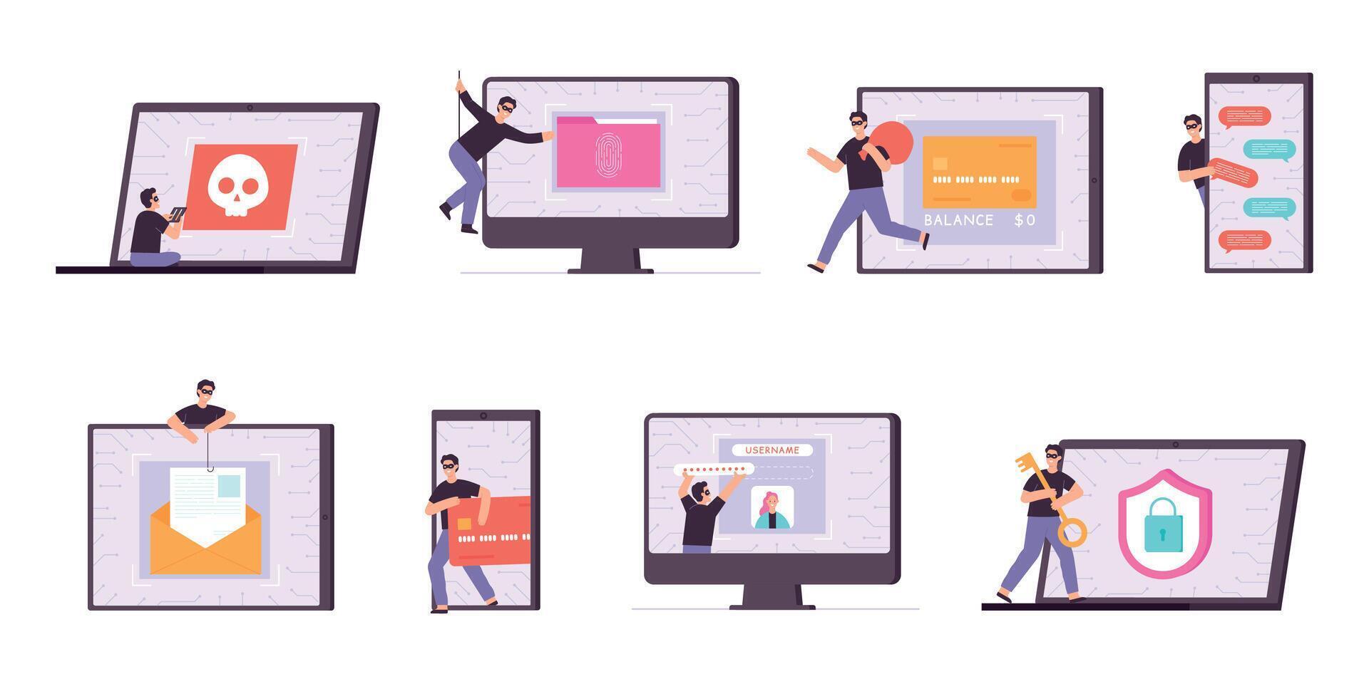 plat cyber voleur et pirate personnages vol personnel données. criminel espion téléphone, voler mot de passe et argent carte. ordinateur attaque vecteur ensemble