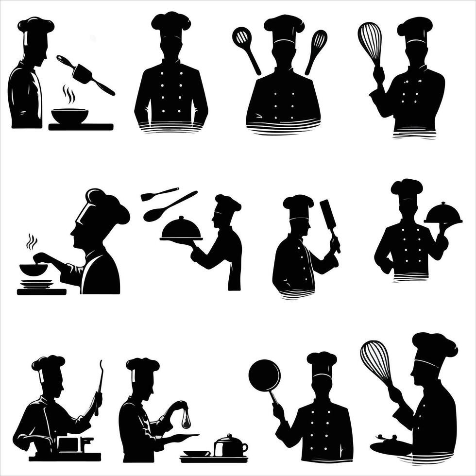 chef d'impression silhouette , chef pose silhouette , chef permanent silhouette , cuisine silhouette , nourriture silhouette , chef personnage silhouette , cuisine silhouette vecteur