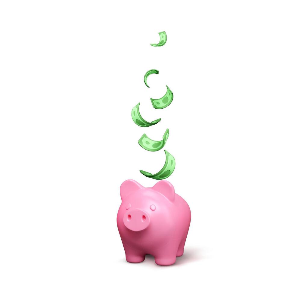 rose porcin banque avec chute vert papier dollar. la finance investissement bannière isolé. enregistrer argent concept. vecteur illustration
