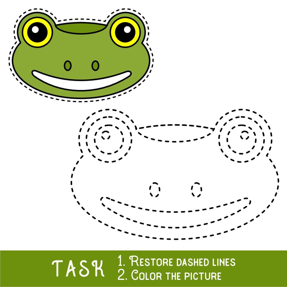 feuille de dessin pour les enfants d'âge préscolaire avec un niveau de difficulté de jeu facile, jeu éducatif simple pour les enfants, traçage d'une ligne du visage de grenouille. vecteur