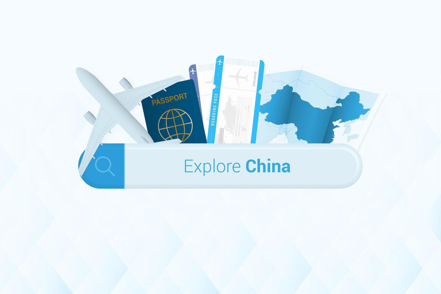 recherche des billets à Chine ou Voyage destination dans Chine. recherche bar avec avion, passeport, embarquement passer, des billets et carte. vecteur