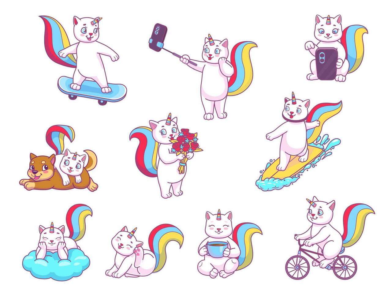 dessin animé mignonne caticorn chat et chaton personnages vecteur