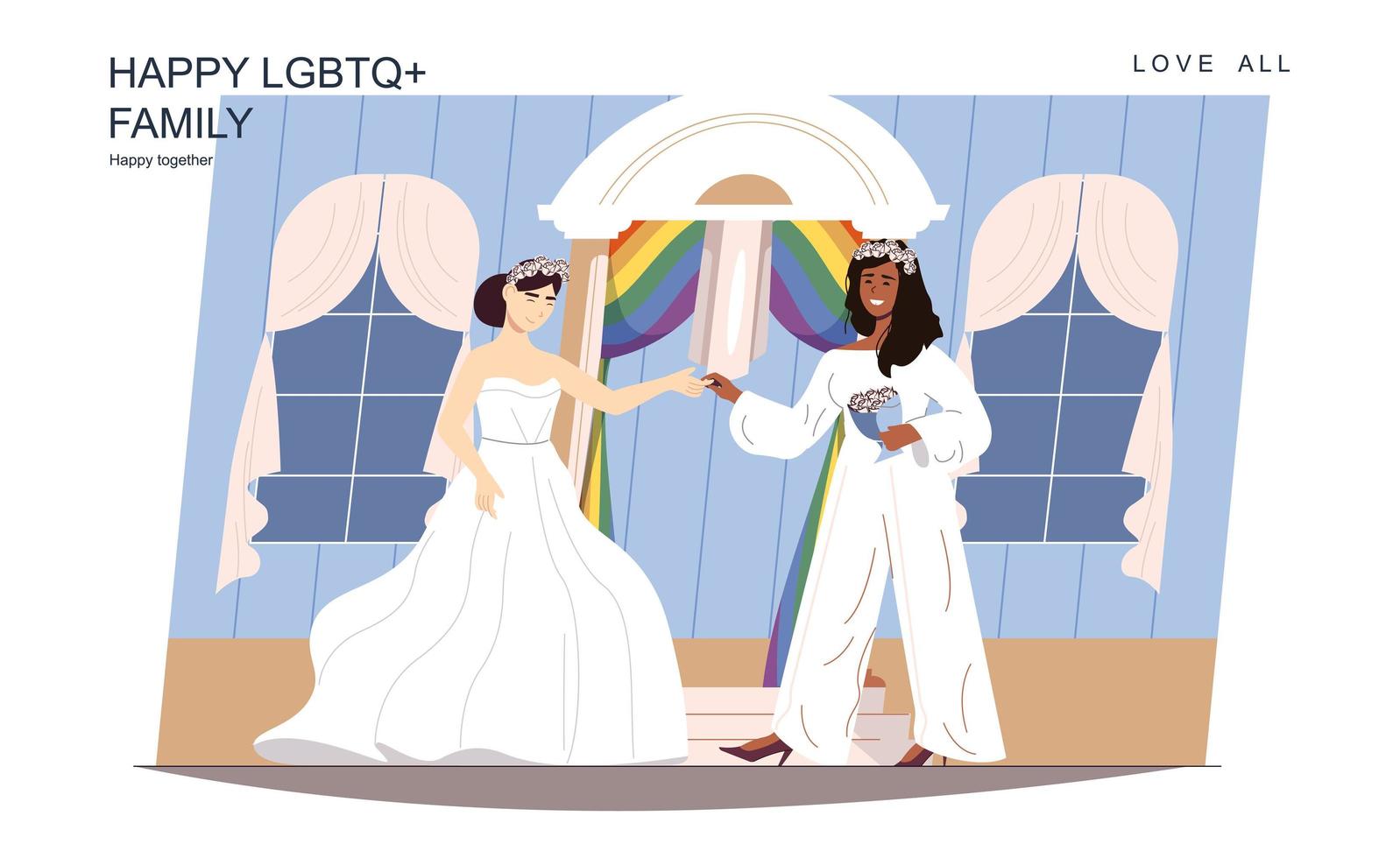 concept de famille lgbt heureux. les femmes aimantes se marient en robe de mariée blanche et en costume, scène de cérémonie. couple multiracial diversifié, relation lesbienne. illustration vectorielle de personnes au design plat vecteur