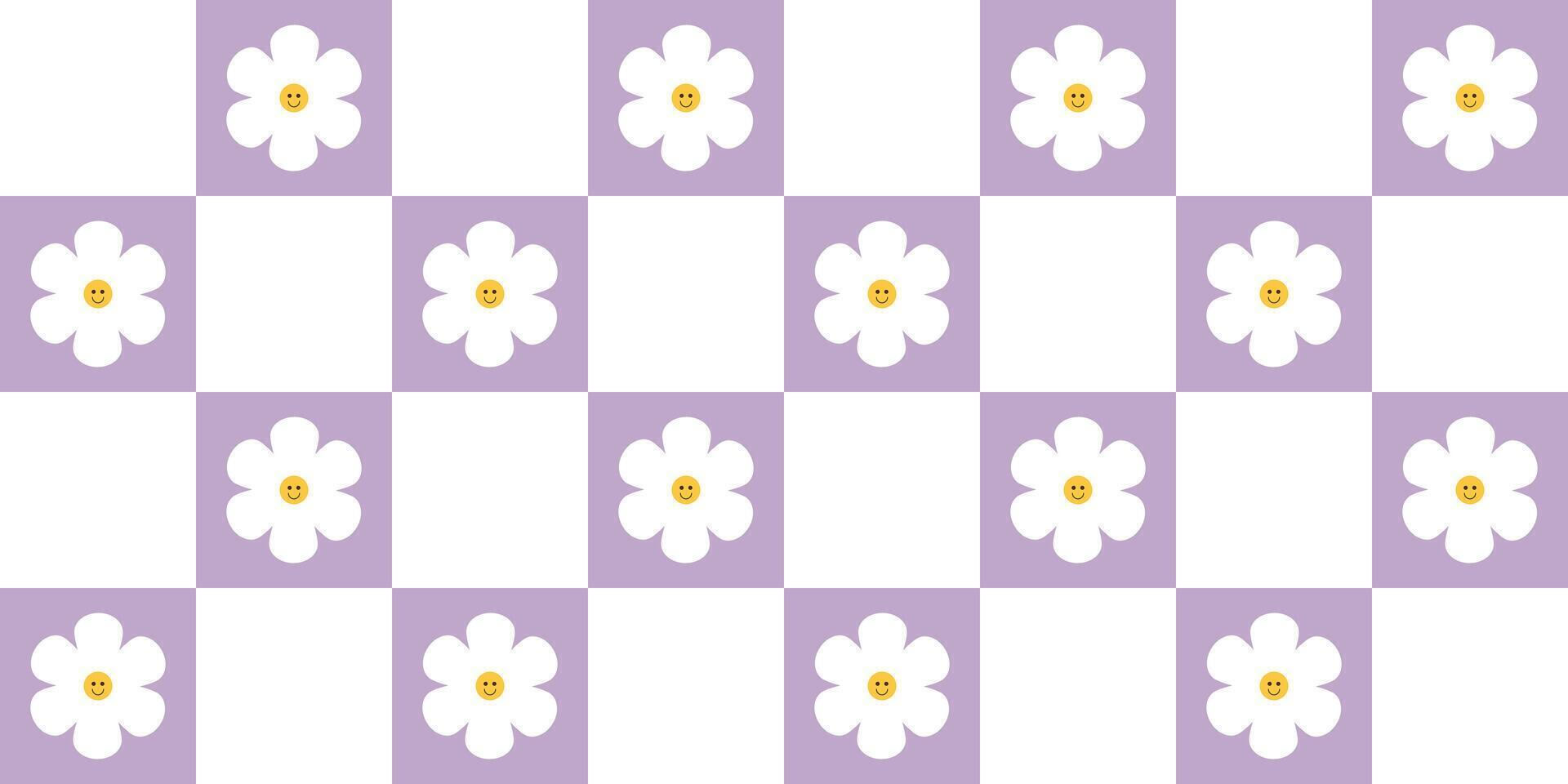 Années 70 ambiance sensationnel damier sans couture modèle grand carré avec mignonne fleur dans lilas engrener. la grille arrière-plan, psychédélique rétro style. vecteur