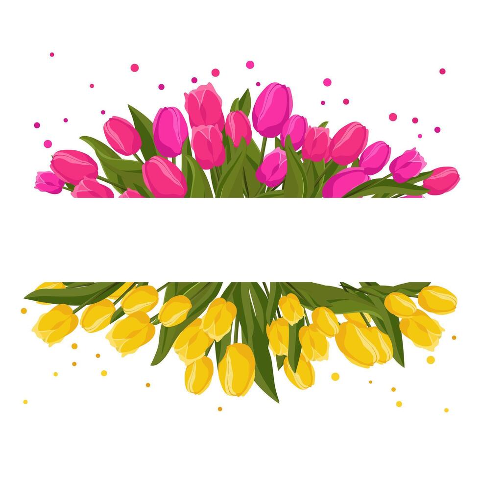 printemps rectangulaire Cadre avec rose Jaune tulipes pour mots et texte. vecteur Contexte modèle avec fleurs pour conception, salutation carte, bannière, conseil, prospectus, vente, affiche