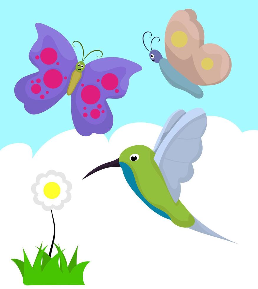 ensemble papillon et colibri avec ciel Contexte vecteur
