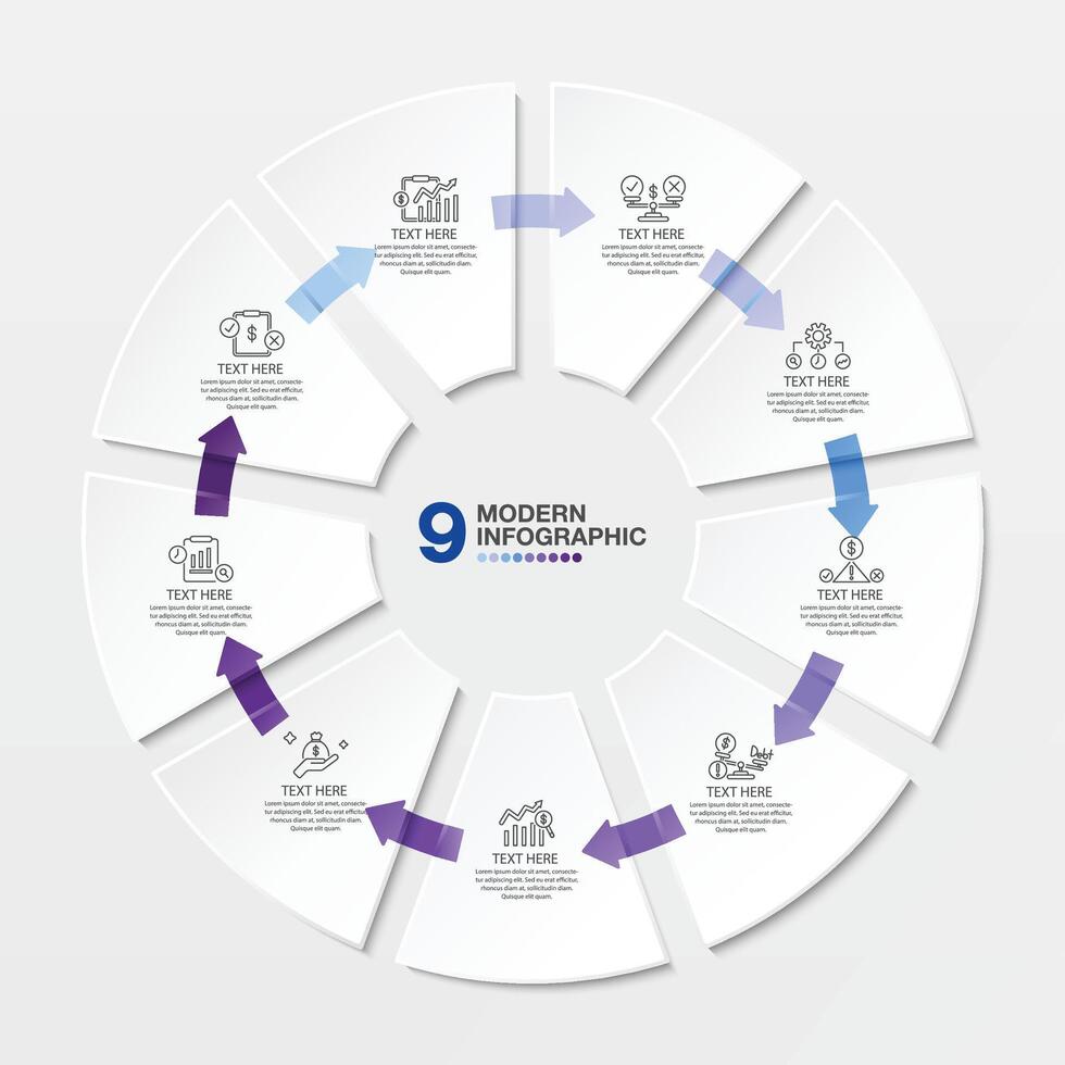 bleu Ton cercle infographie avec 9 pas, processus ou options. vecteur