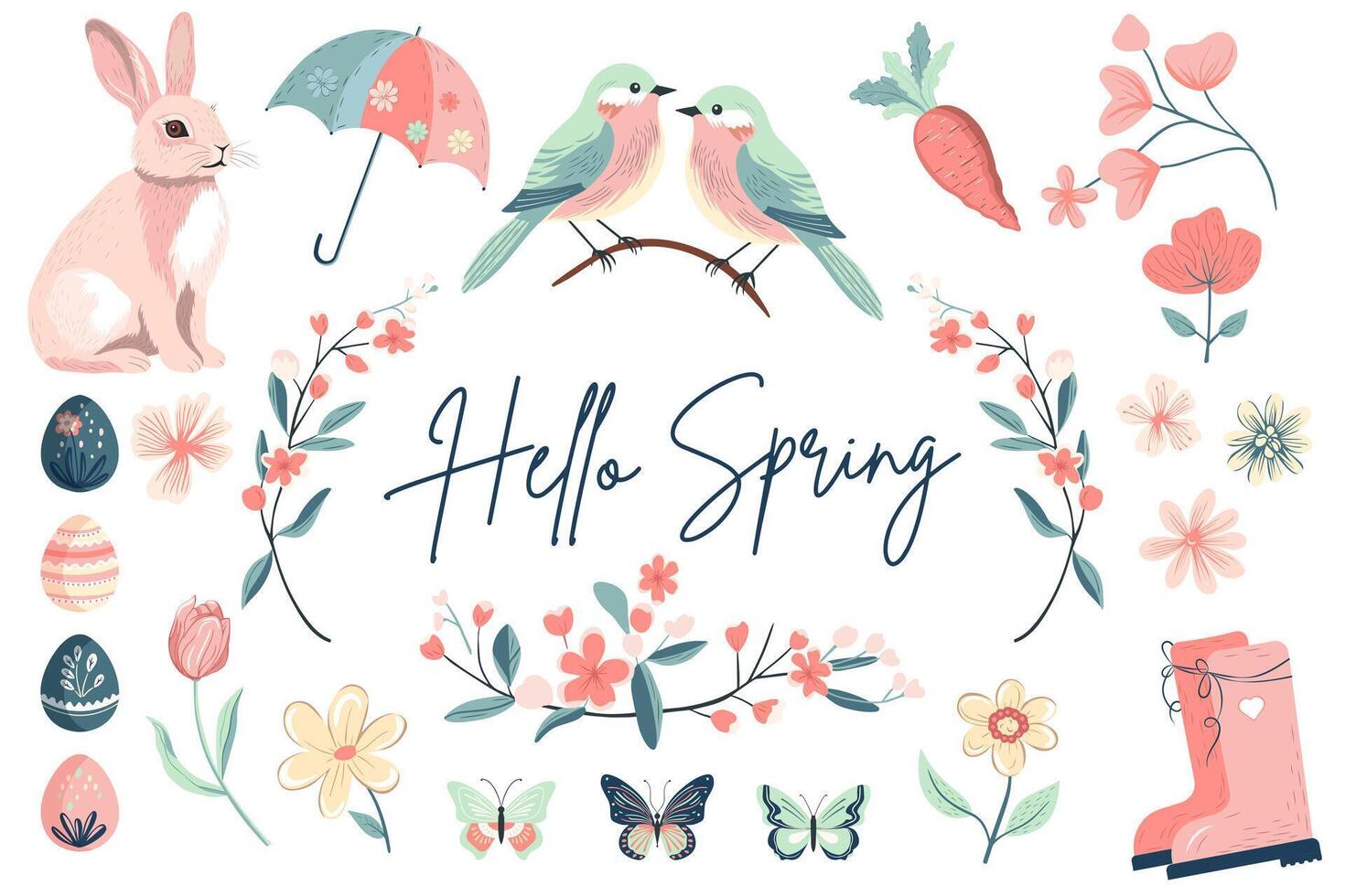 branché printemps conception. printemps collection. main tiré printemps éléments fleurs, oiseau, lapin. vecteur illustration.