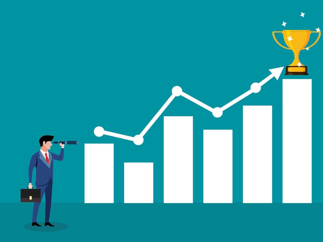 homme d'affaire regards à une graphique en utilisant une télescope et une trophée vecteur