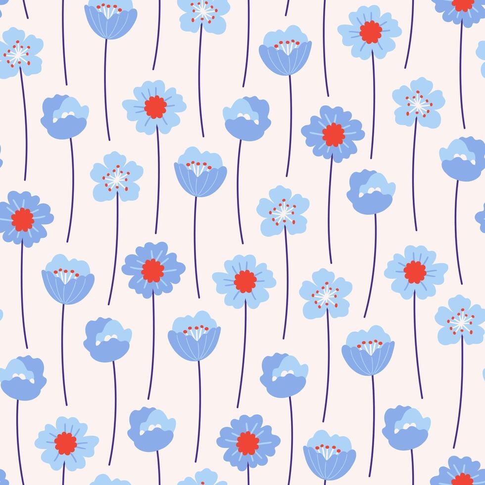 sans couture modèle avec bleu fleurs sauvages sur une blanc Contexte. Prairie fleurs, floral été vecteur illustration. brillant printemps botanique arrière-plan, moderne style conception