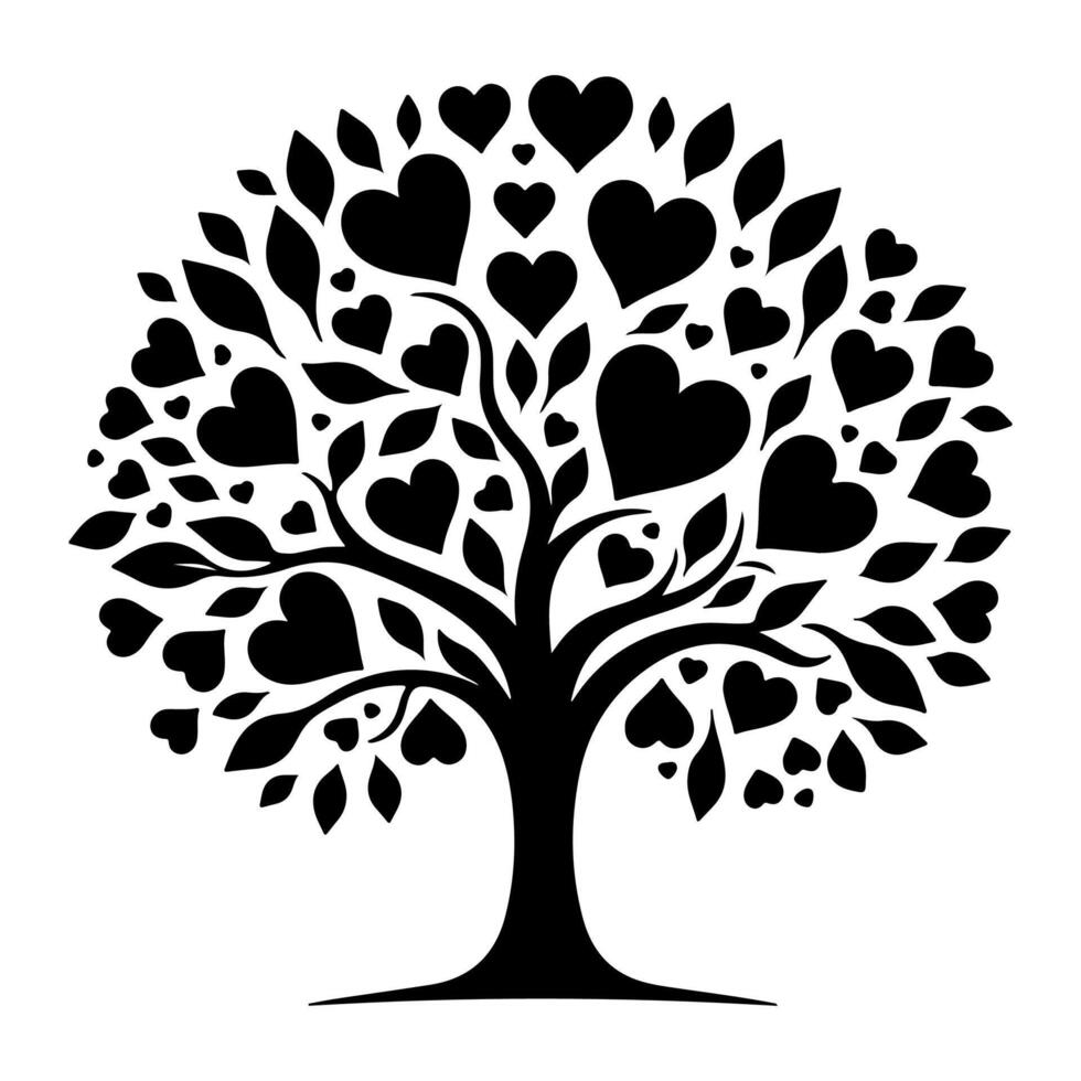 noir l'amour arbre avec cœur feuilles. main dessiner Valentin journée arbre silhouette agrafe art isolé sur blanc arrière-plan, vecteur illustration