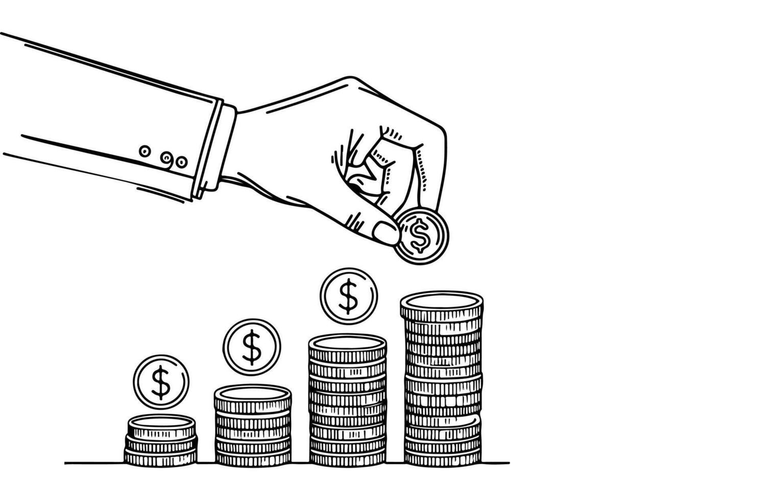 continu un noir ligne fermer homme d'affaire main en mettant pièce de monnaie sur piles chaque doubler. affaires économie argent concept griffonnage vecteur illustration sur blanc Contexte.