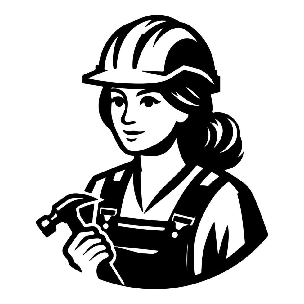 ai généré Facile ouvrier femme dessin animé avec outil, constructeur construction logo monochrome icône noir silhouette conception style vecteur illustration international la main d'oeuvre journée concept