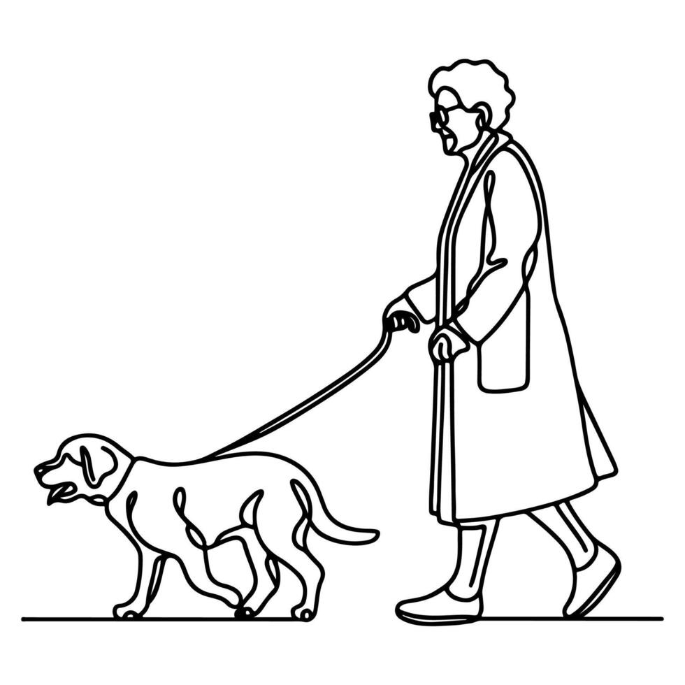 continu Célibataire noir linéaire ligne esquisser dessin la personne en marchant avec chiot chien griffonnage vecteur illustration sur blanc