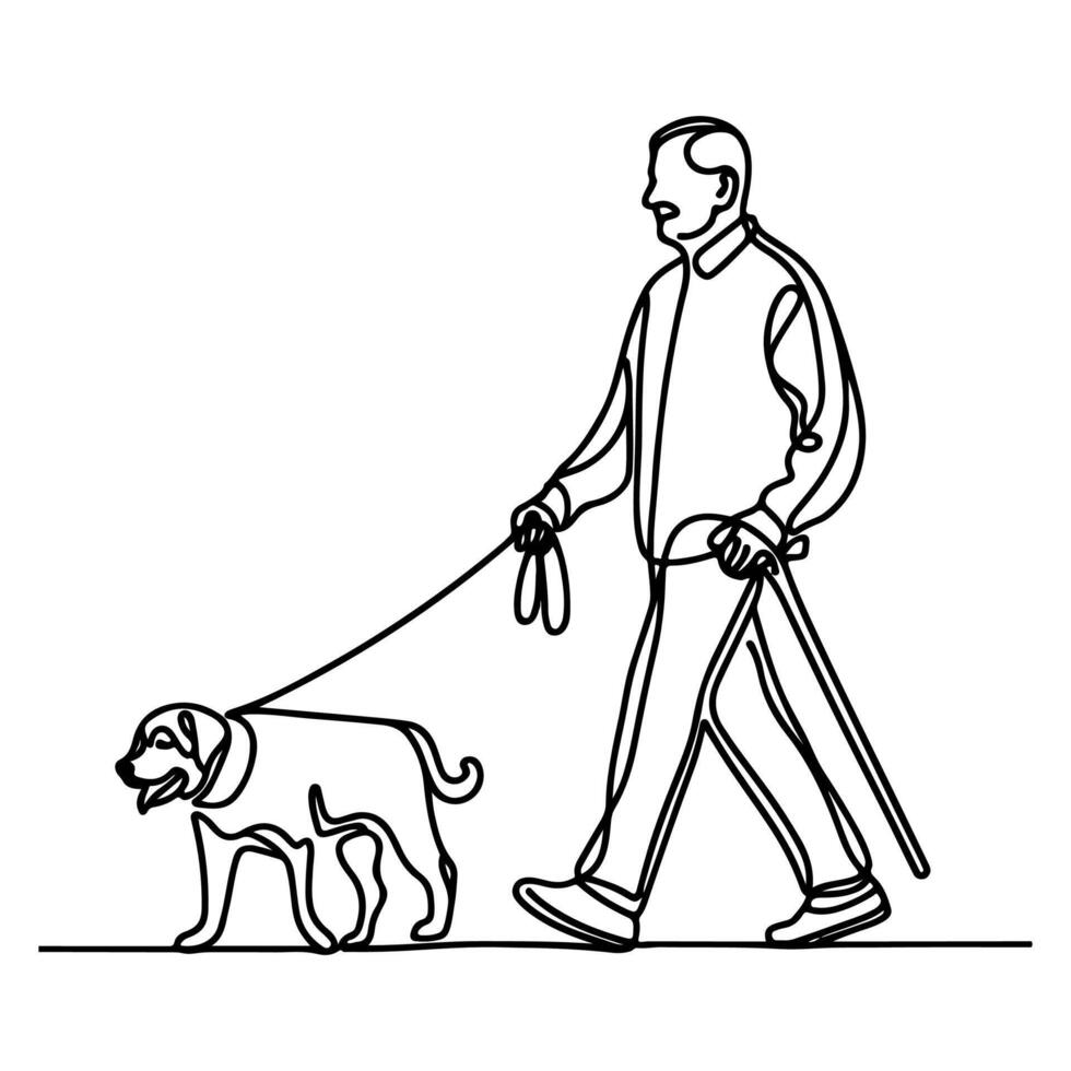 continu Célibataire noir linéaire ligne esquisser dessin la personne en marchant avec chiot chien griffonnage vecteur illustration sur blanc