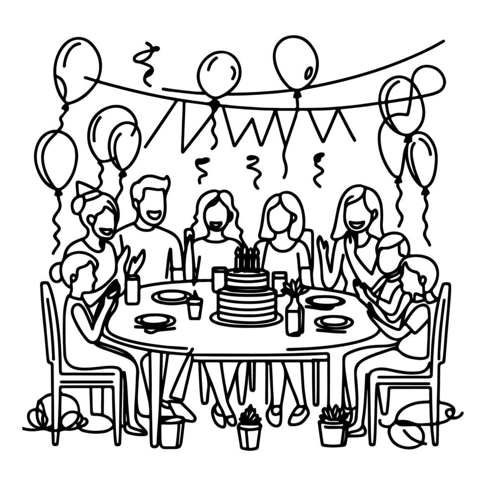 Célibataire continu dessin noir ligne famille dîner séance à table à fête anniversaire anniversaire fête griffonnages vecteur