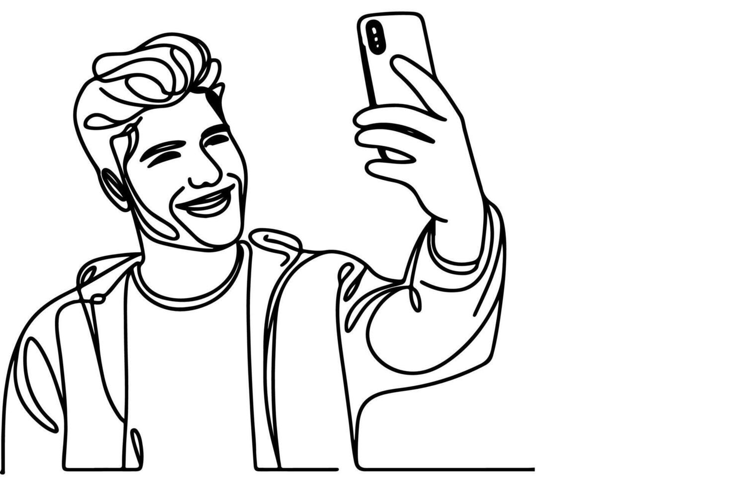 continu un noir ligne art dessin de bonne humeur Jeune homme en portant téléphone intelligent à prise agissant selfie ou vidéo appel par mobile téléphone contour griffonnage vecteur famille Voyage concept