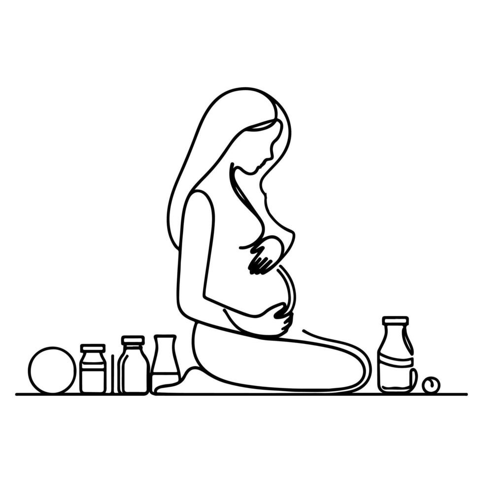 Célibataire continu noir ligne art dessin linéaire art médicament santé se soucier grossesse en bonne santé avec Enceinte nourriture griffonnage vecteur illustration