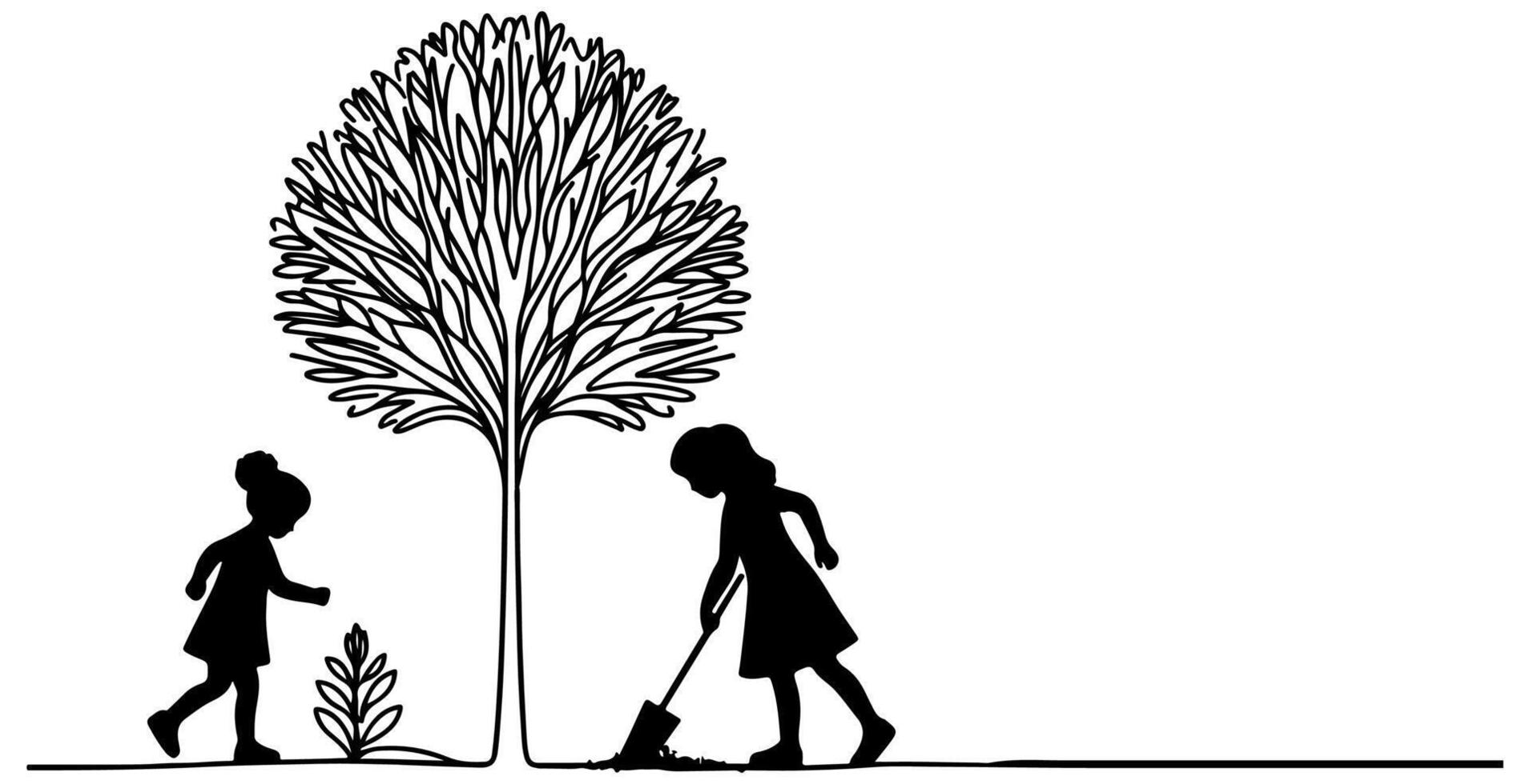 continu un noir ligne art dessin silhouette de les enfants plantation arbre. pelle creuse les racines plante dans sol à enregistrer le monde et Terre journée réduire global chauffage croissance vecteur