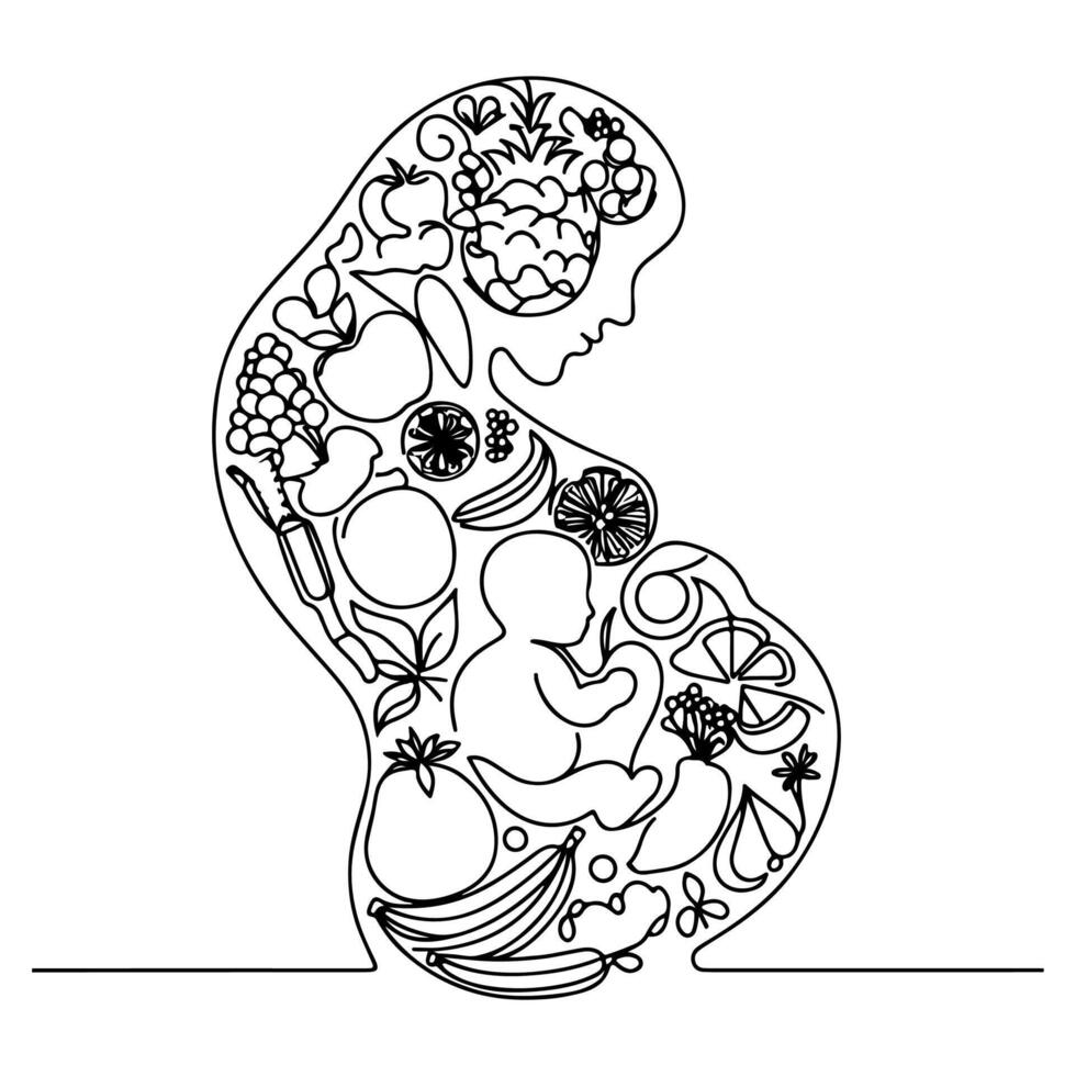 Célibataire continu noir ligne art dessin linéaire art médicament santé se soucier grossesse en bonne santé avec Enceinte nourriture griffonnage vecteur illustration