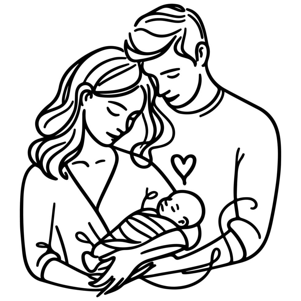 continu un noir ligne art dessin Parents avec nouveau née bébé griffonnages contour style vecteur illustration sur blanc Contexte