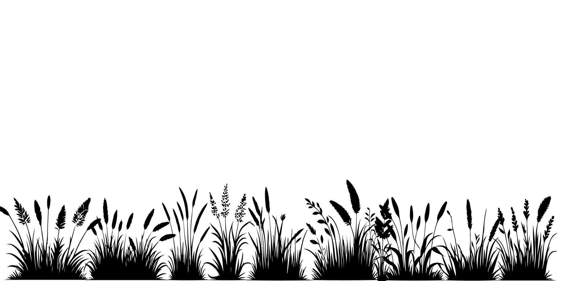 horizontal noir herbe terre silhouettes. cultivé pelouse vecteur illustration sur blanc Contexte avec copie espace pour texte