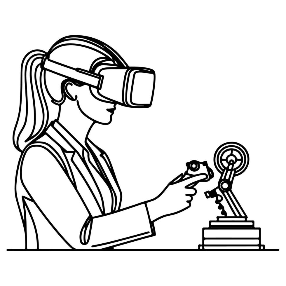 Célibataire continu dessin noir ligne art linéaire femme dans Bureau en utilisant virtuel réalité casque simulateur des lunettes avec ordinateur griffonnage style esquisser vecteur