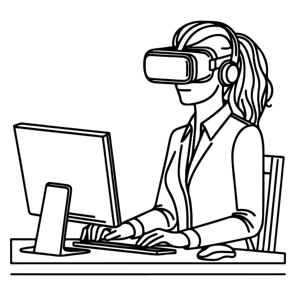 Célibataire continu dessin noir ligne art linéaire femme dans Bureau en utilisant virtuel réalité casque simulateur des lunettes avec ordinateur griffonnage style esquisser vecteur